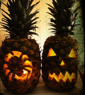 Carved pineapples -- instead of pumpkins -- at Trader Vics at the London Hilton on Park Lane.