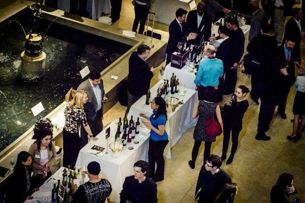 Tables of wine surrounded the fountains in the museums' sculpture court.